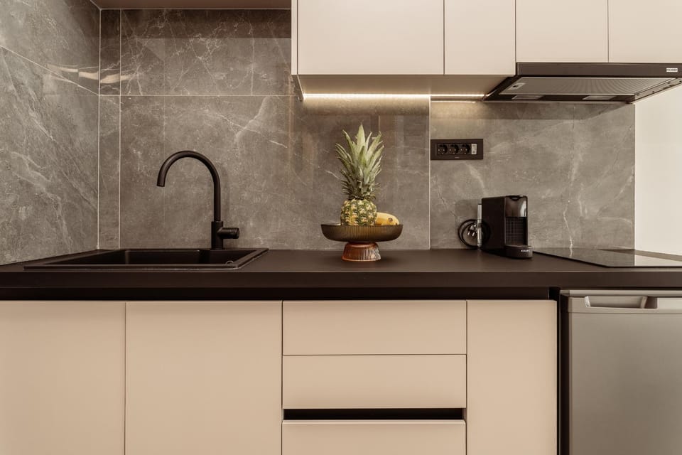 Kitchen or kitchenette, stove