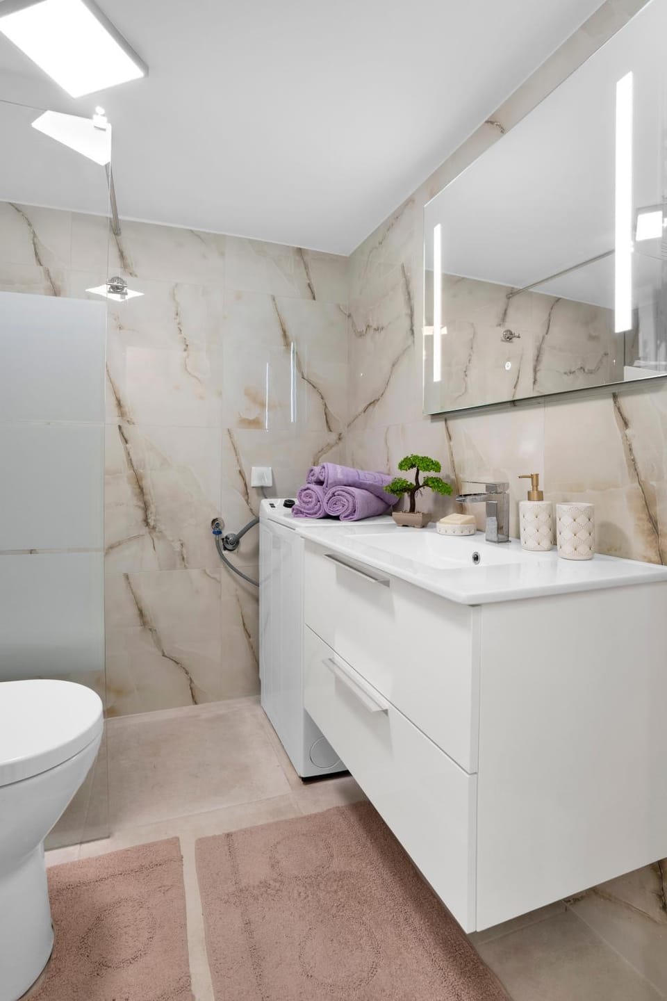Shower, Toilet, towels, washing machine