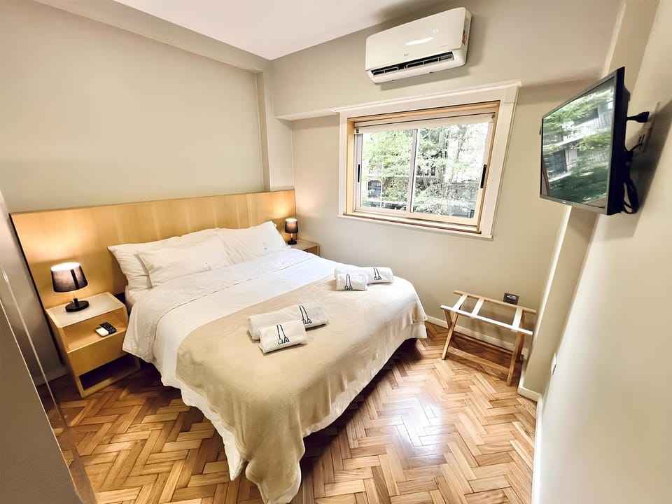 Bed, TV and multimedia, City view, furniture, towels, wardrobe, air conditioner