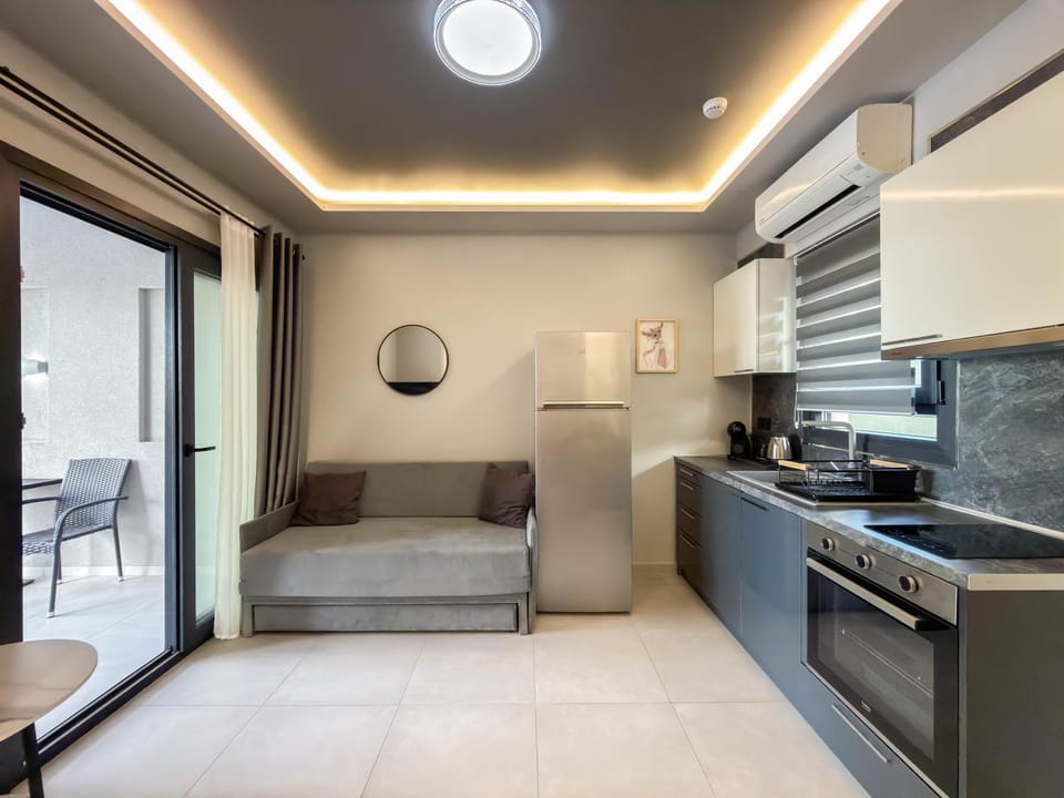 Kitchen or kitchenette, Living room, Seating area, internet, oven, stove, air conditioner