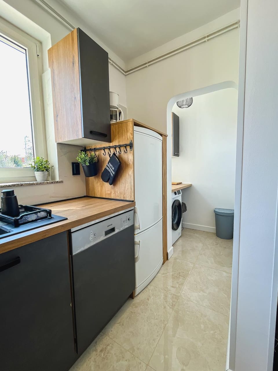 Kitchen or kitchenette, dishwasher, washing machine