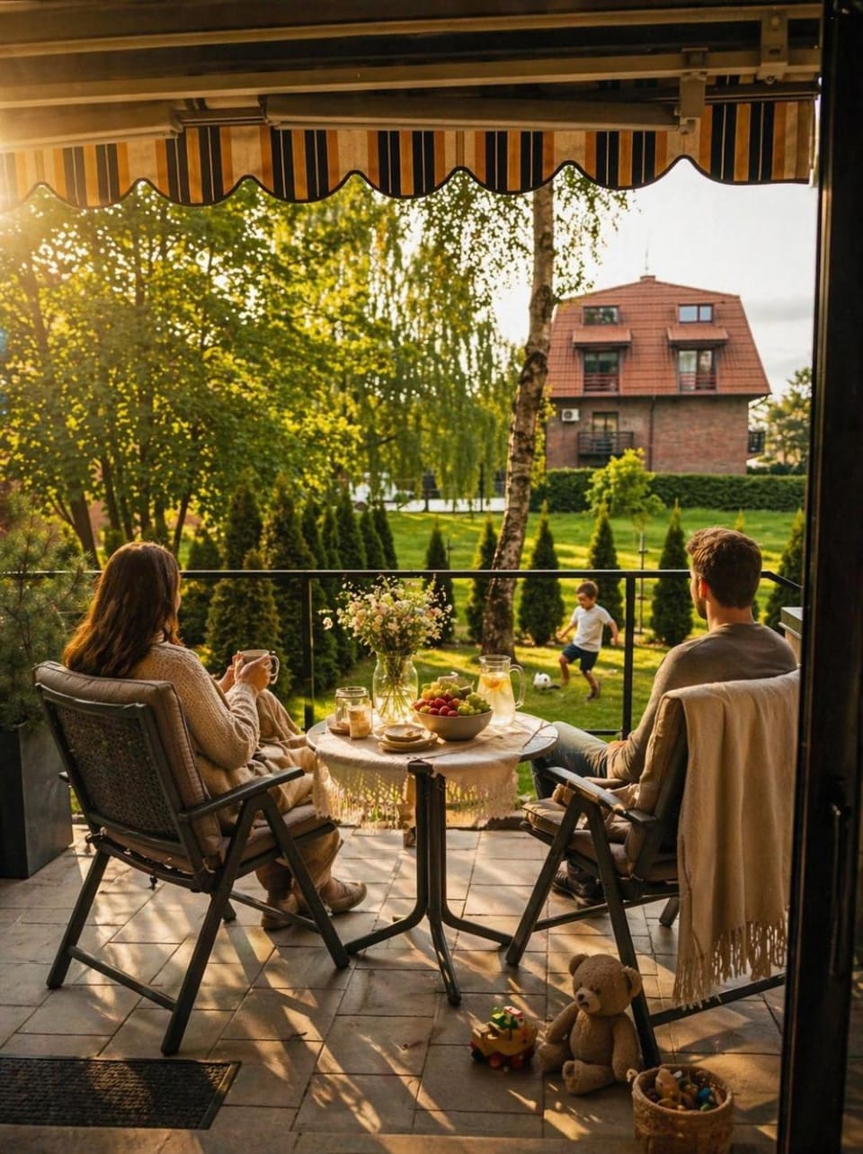 Patio, Spring, Day, People, View (from property/room), Balcony/Terrace, Food and drinks, Seating area, Dining area, Food, Guests, Garden view