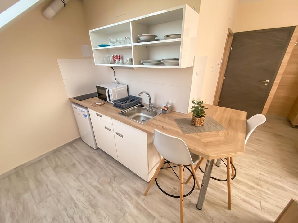 Kitchen or kitchenette, minibar, stove