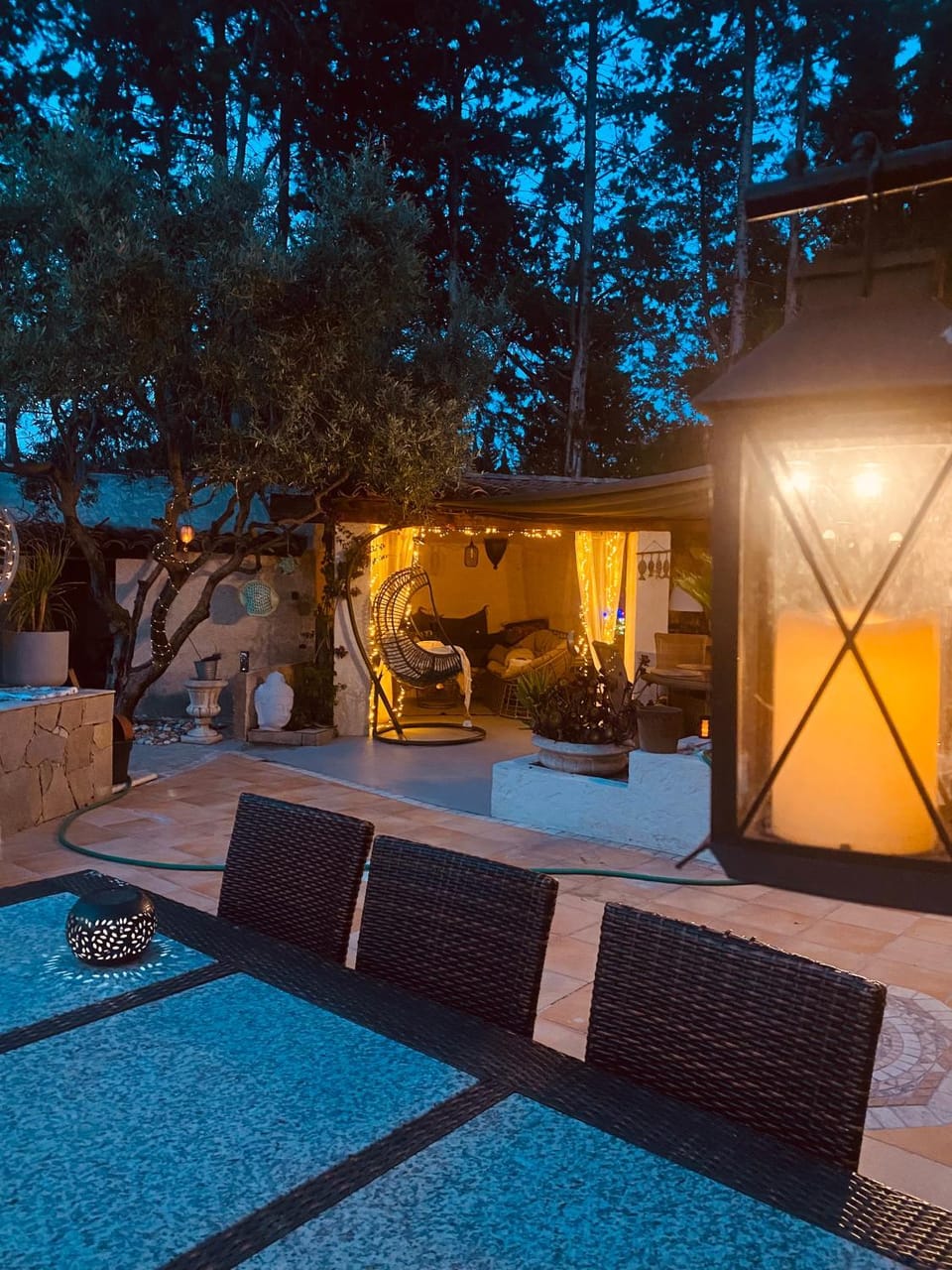 Patio, Night, Balcony/Terrace, Garden view