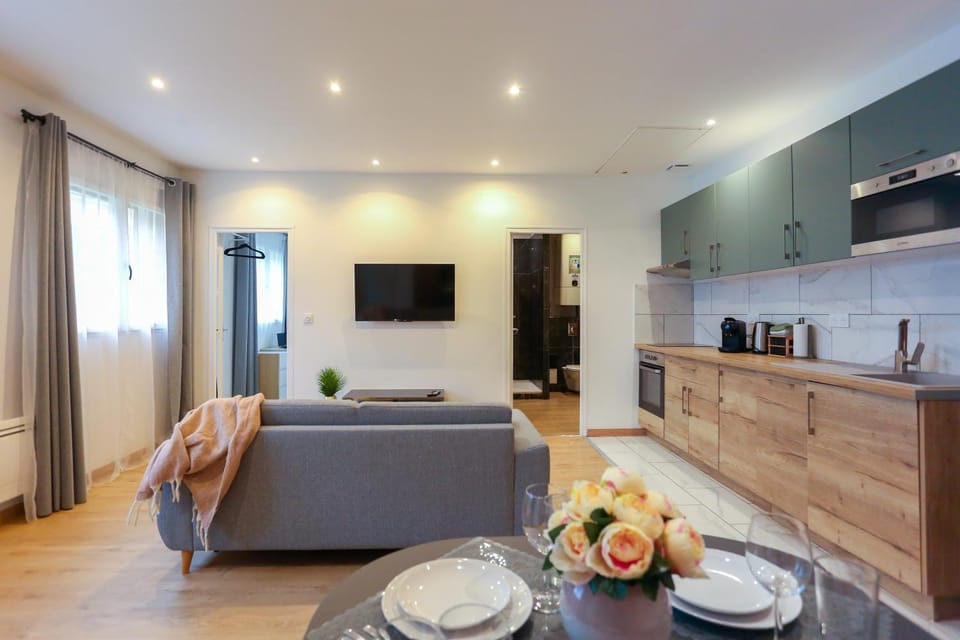 TV and multimedia, Coffee/tea facilities, Kitchen or kitchenette, Living room, Food and drinks, Seating area, Dining area, stove