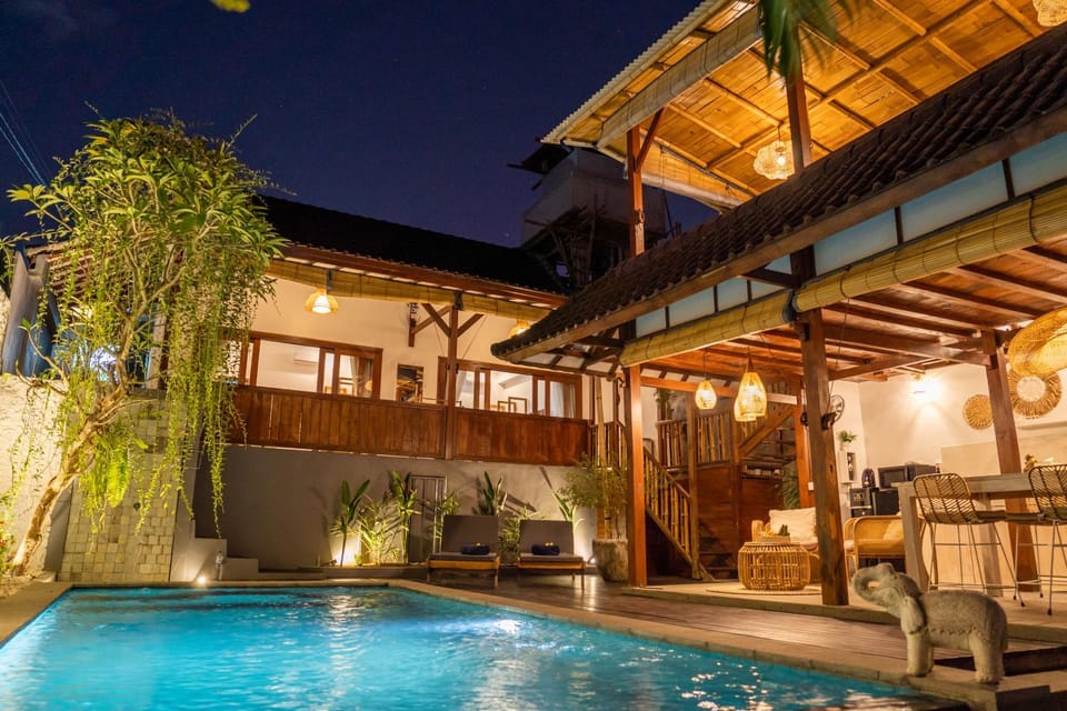 Property building, Patio, Night, Swimming pool