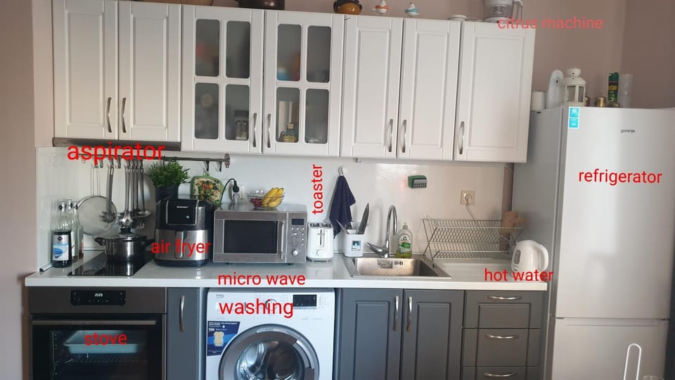 Coffee/tea facilities, Kitchen or kitchenette, oven, stove, toaster, washing machine
