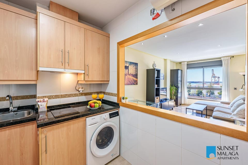 Kitchen or kitchenette, minibar, stove, washing machine, dryer