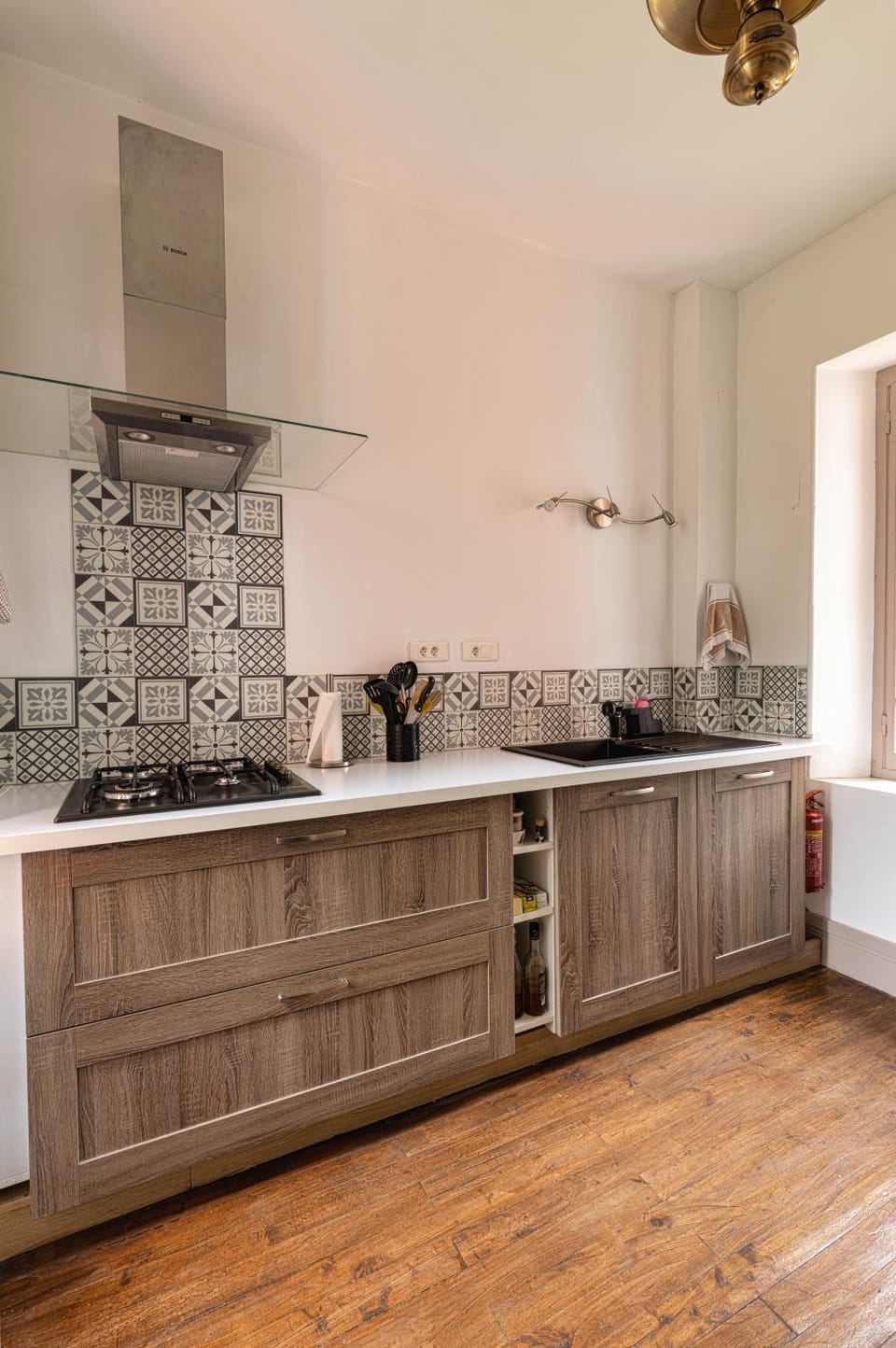 Kitchen or kitchenette, stove