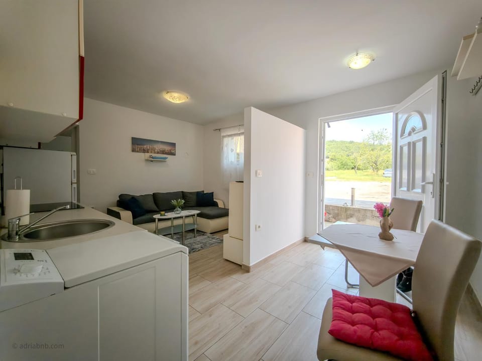 Kitchen or kitchenette, Living room, Seating area, Dining area