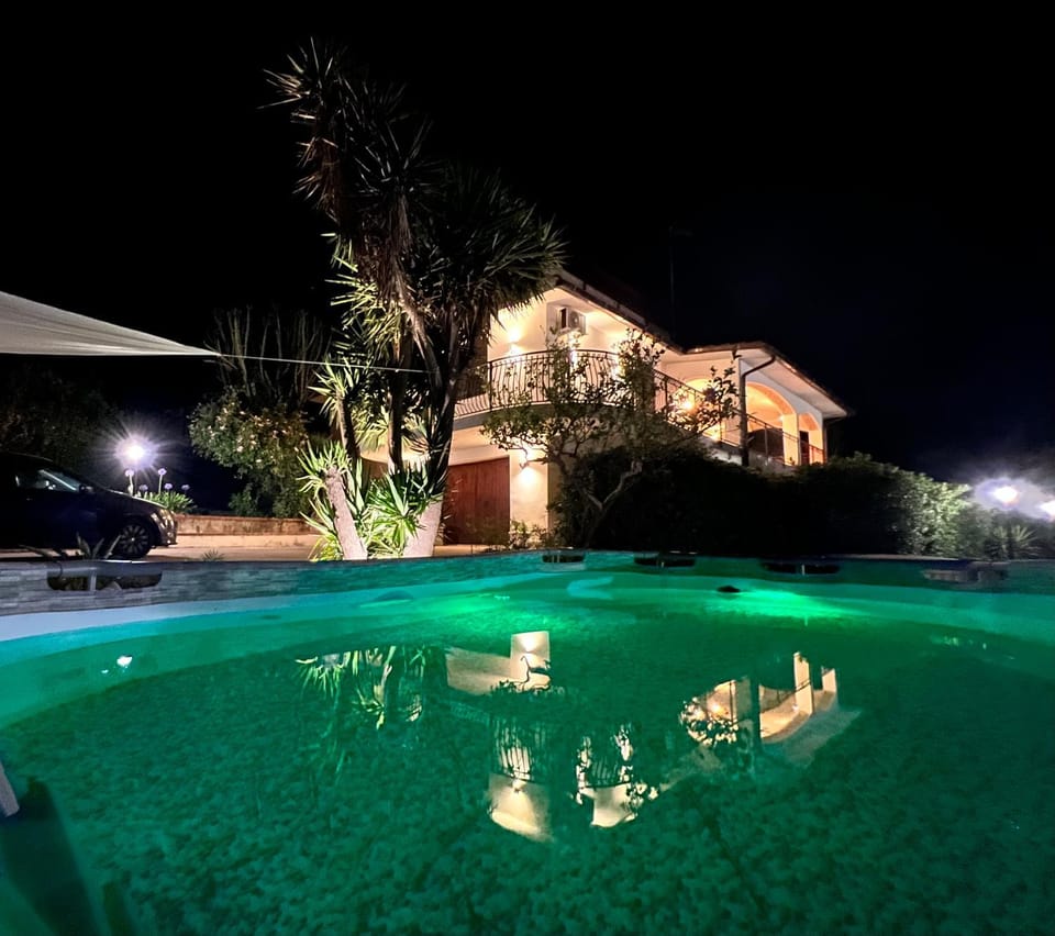 Property building, Night, Garden, Garden view, Pool view, Swimming pool
