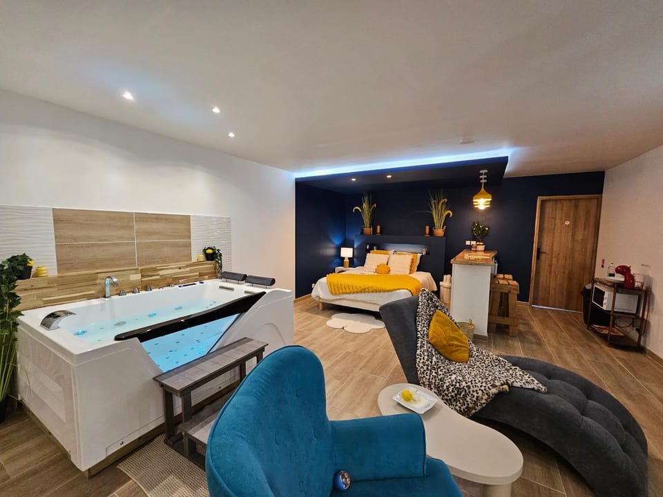 Bed, Hot Tub, Living room, Photo of the whole room, Seating area, Bedroom, towels