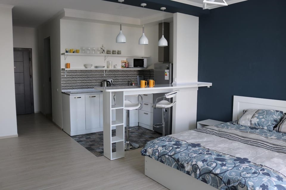 Bed, kitchen