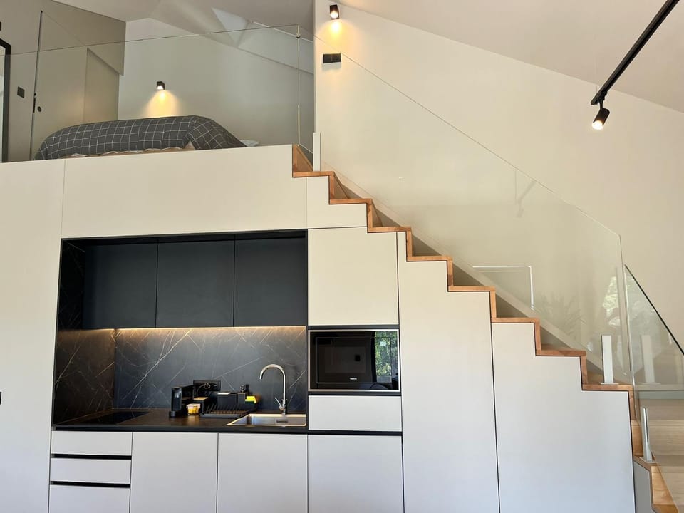 Kitchen or kitchenette, stove