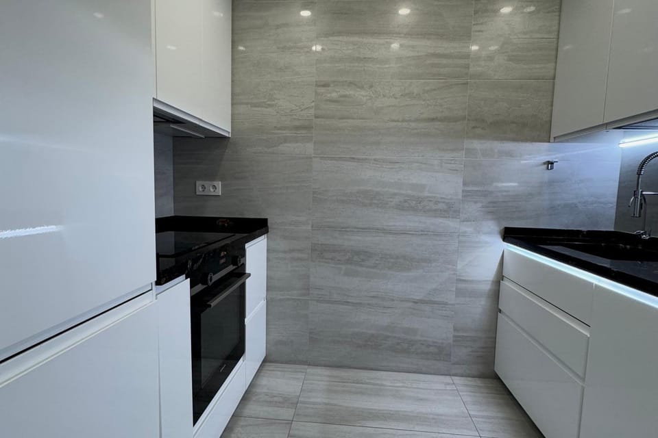 Kitchen or kitchenette, dishwasher, oven, stove