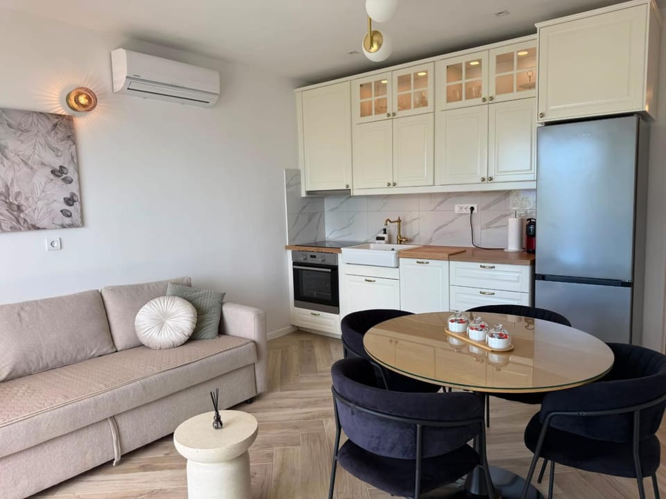 Kitchen or kitchenette, Living room, Seating area, Dining area, oven, stove, air conditioner