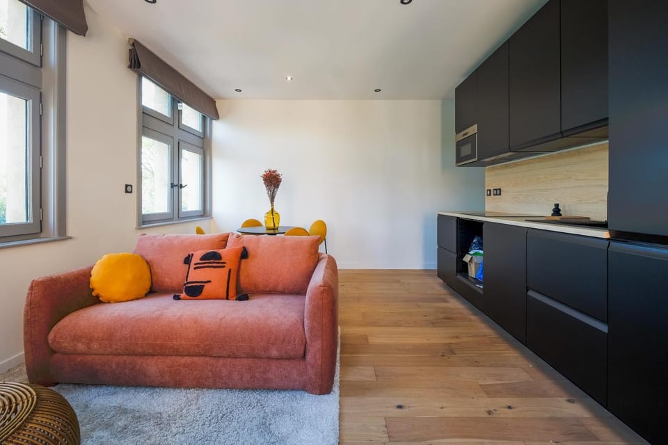 Kitchen or kitchenette, Living room, Seating area, Dining area