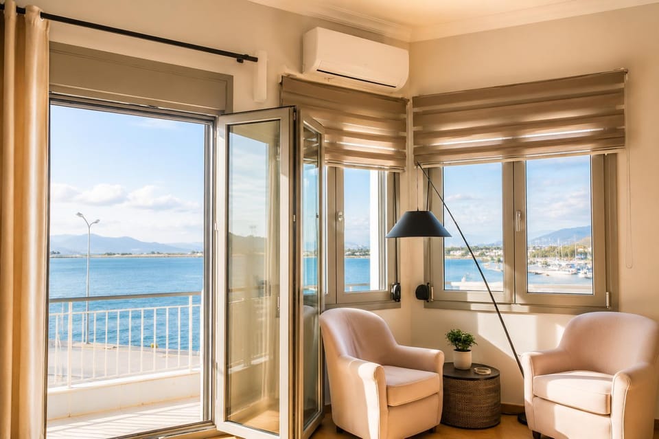 Day, Natural landscape, Balcony/Terrace, Living room, Seating area, Sea view, air conditioner