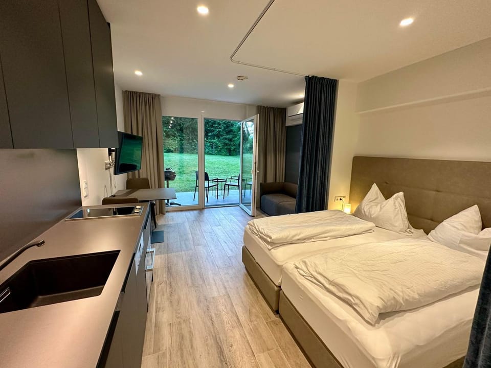 Bed, TV and multimedia, Kitchen or kitchenette, Living room, Photo of the whole room, Seating area, Dining area, Bedroom