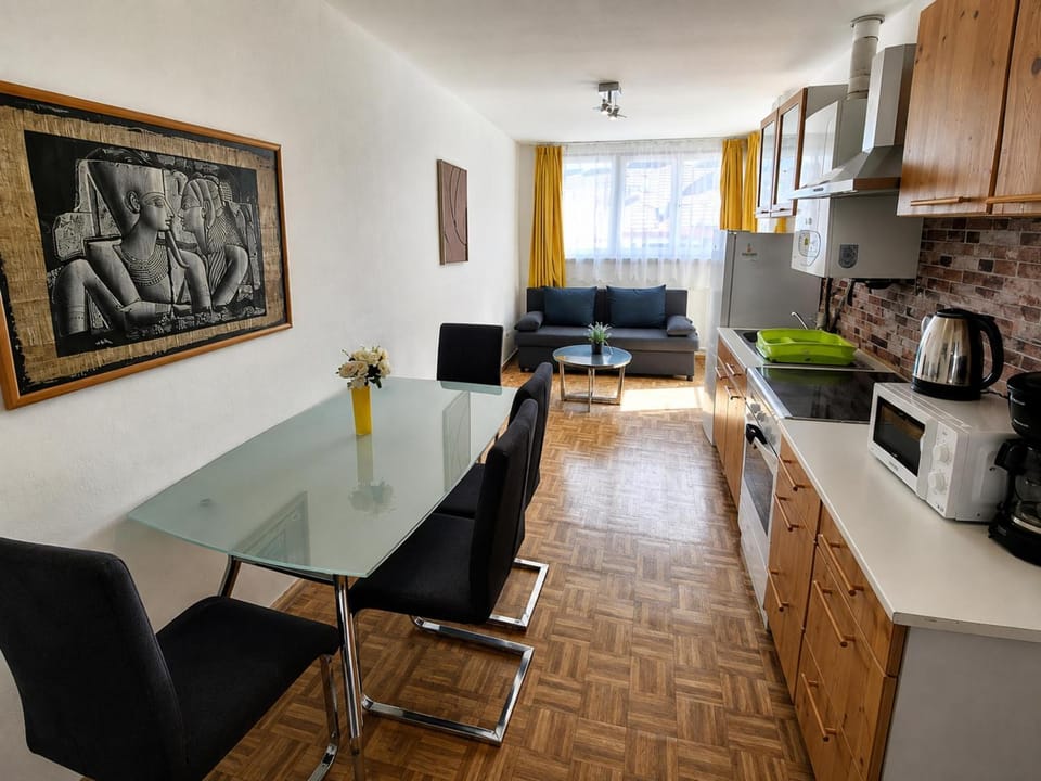 Kitchen or kitchenette, Living room, Seating area, Dining area, stove