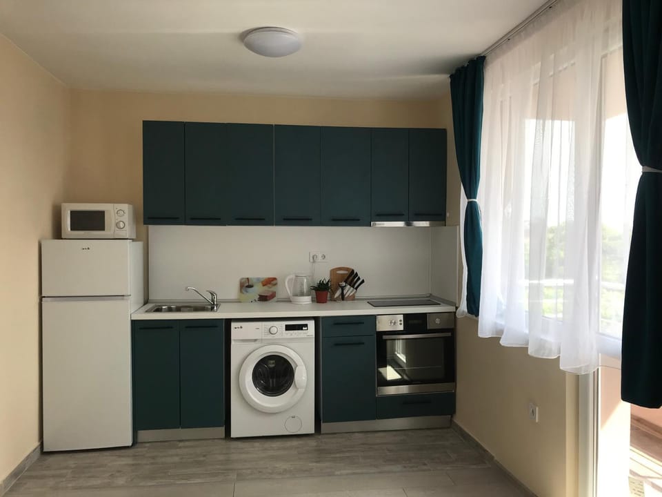 Kitchen or kitchenette, microwave, oven, stove, washing machine