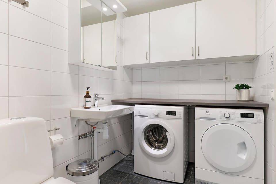 Bathroom, washing machine, dryer