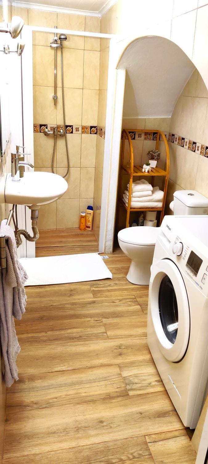 Bathroom, towels, washing machine