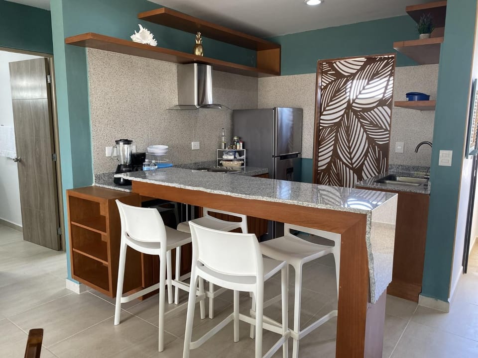Kitchen or kitchenette, stove
