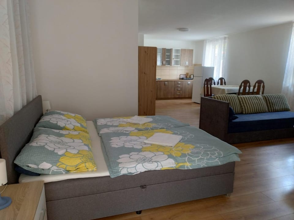Bed, Kitchen or kitchenette, Living room, Seating area, Bedroom
