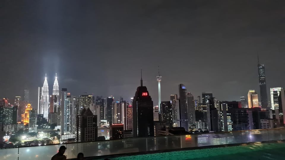 Night, City view, Swimming pool