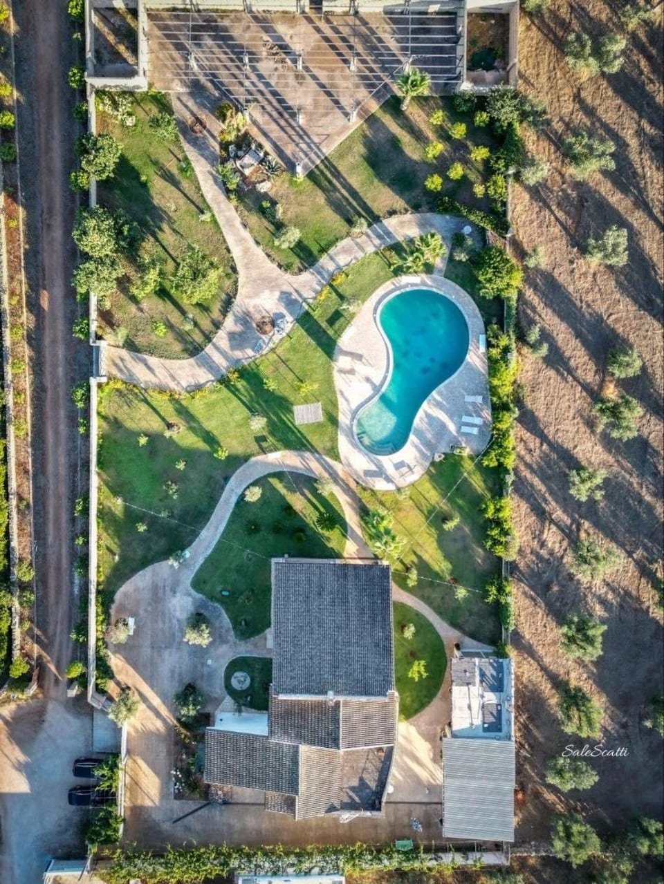 Property building, Spring, Day, Natural landscape, Bird's eye view, Garden, Garden view, Pool view, Swimming pool, sunbed