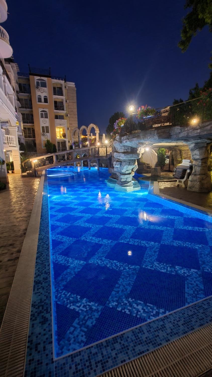 Night, Pool view, Swimming pool, Swimming pool