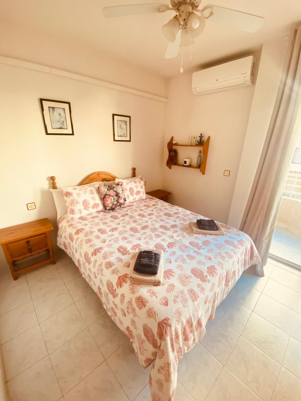 Bed, Bedroom, fireplace, towels, air conditioner