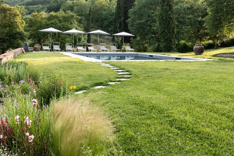Day, Natural landscape, Garden, Garden view, Pool view, Swimming pool, sunbed