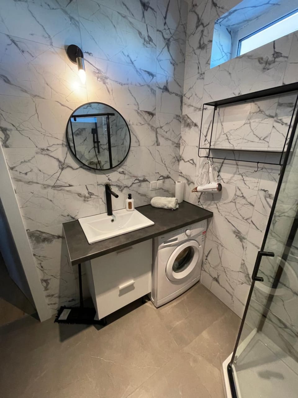 Bathroom, towels, washing machine, dryer