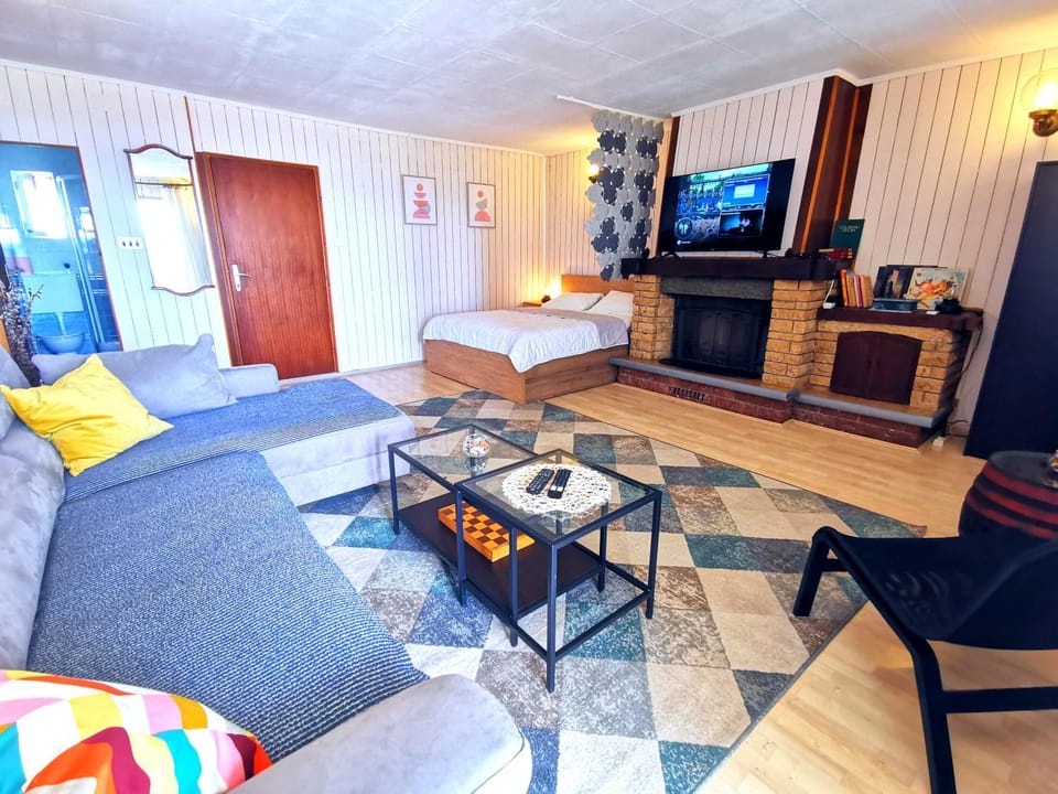Communal lounge/ TV room, Bed, TV and multimedia, Living room, Seating area, Bedroom