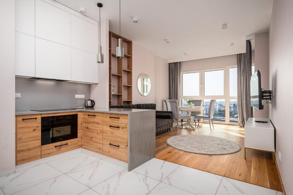 Kitchen or kitchenette, Living room, Seating area, Dining area, stove