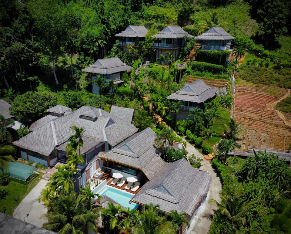 Property building, Natural landscape, Bird's eye view, Garden view, Pool view, Swimming pool