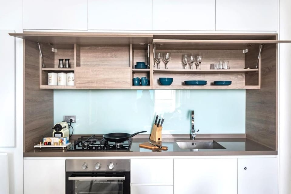Kitchen or kitchenette, stove
