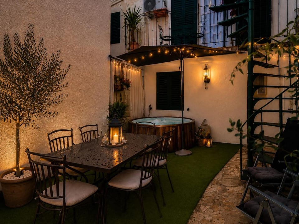 Property building, Night, Garden, View (from property/room), Balcony/Terrace, Seating area