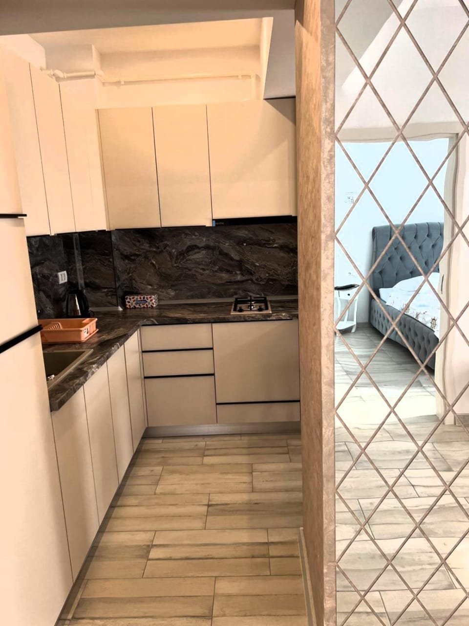 Kitchen or kitchenette, minibar, stove, washing machine