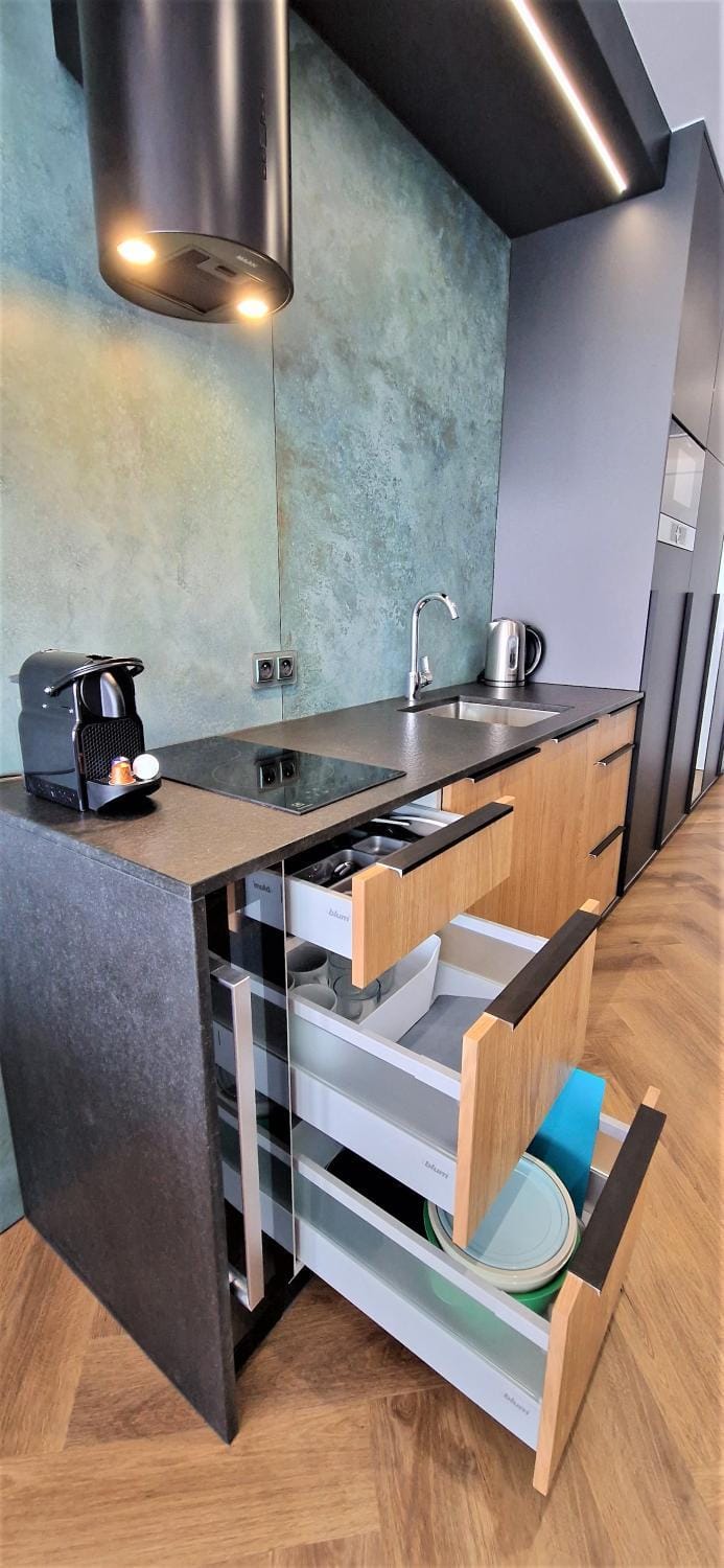 Kitchen or kitchenette, stove
