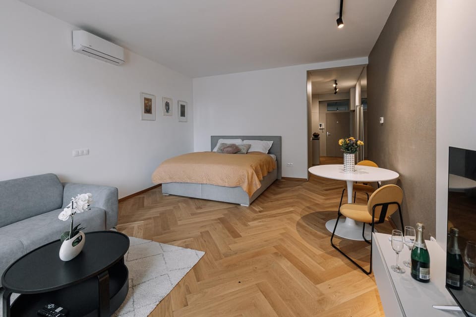 Bed, TV and multimedia, Living room, Photo of the whole room, Seating area, Bedroom, hair dresser, air conditioner