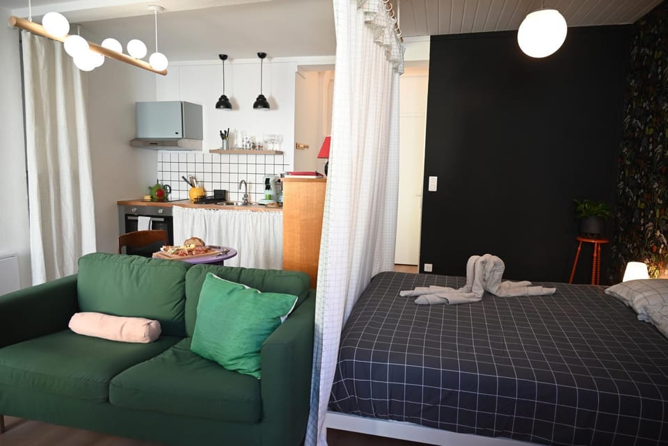 Bed, Kitchen or kitchenette, Living room, Photo of the whole room, Seating area, Dining area, Bedroom, minibar, pet friendly, stove, towels