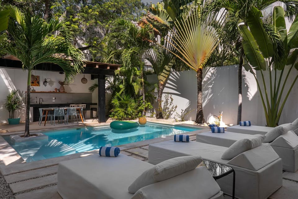 Natural landscape, Garden, Garden view, Pool view, Swimming pool, sunbed