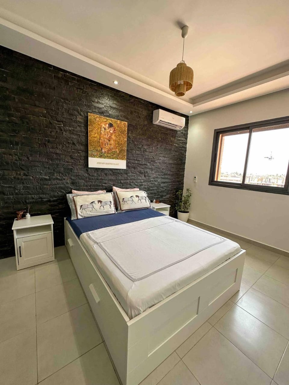 Bed, City view, air conditioner