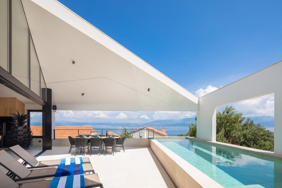 Property building, Patio, Day, Natural landscape, Summer, View (from property/room), Balcony/Terrace, Balcony/Terrace, Living room, Seating area, Dining area, Pool view, Sea view, Sea view, Swimming pool, Swimming pool, sunbed