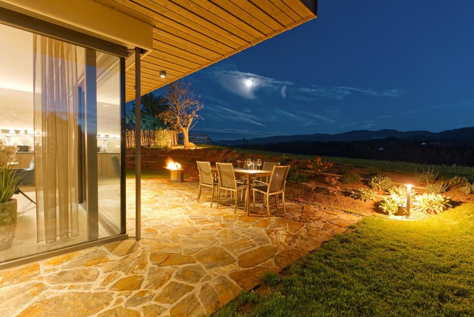 Property building, Night, Natural landscape, Garden, Balcony/Terrace, Dining area, Mountain view