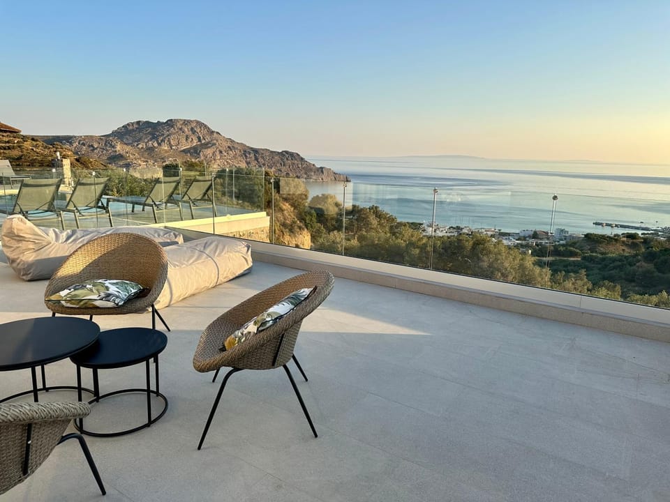 Patio, Day, Natural landscape, View (from property/room), Balcony/Terrace, Living room, Seating area, Dining area, Mountain view, Sea view, sunbed