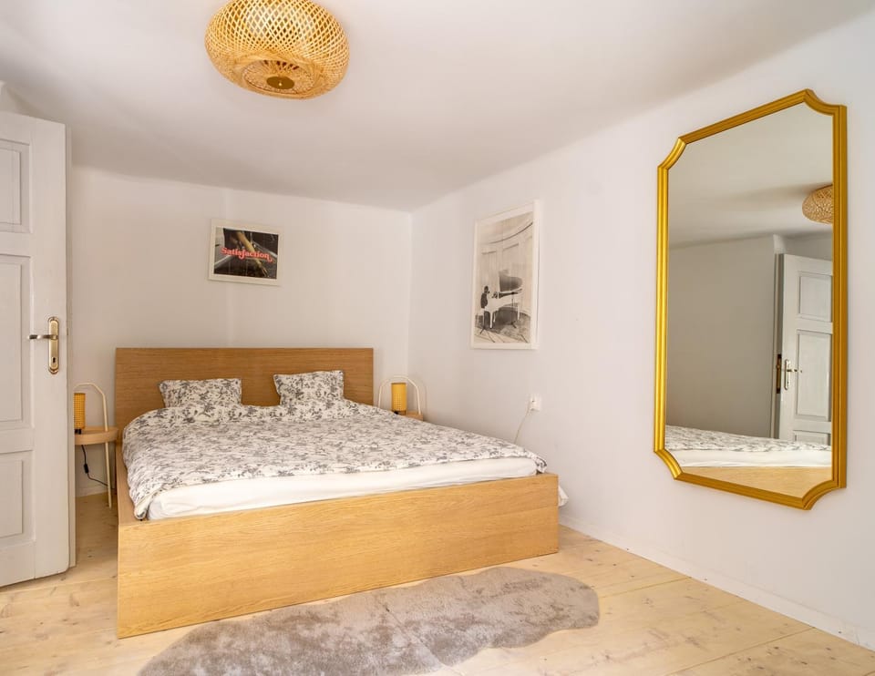 Bed, wardrobe